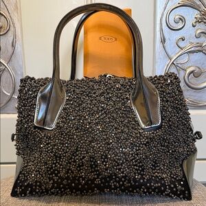 NWOT Tod's Black embellished Beaded tote Bag W/dustbag